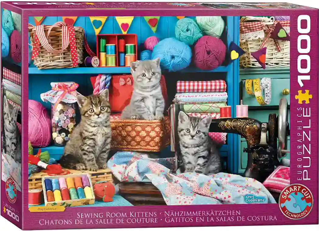 Kittens in the Sewing Room vie sinut viehättävään ompeluhuoneeseen, jossa uteliaat kissanpennut tutkivat värikkäitä kankaita