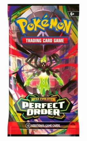 Pokémon TCG Perfect Order (ME03) boosteripakkaus sisältää 10 satunnaista korttia ja TCG Live ‑koodin. Englanninkielinen Pokémon‑korttipeli