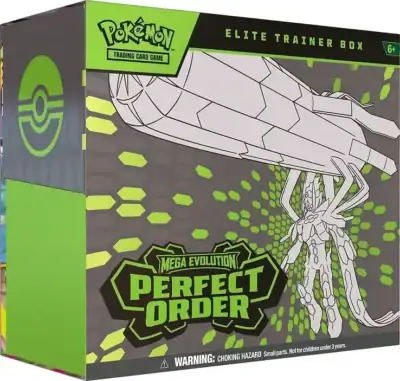 Pokémon TCG: Mega Evolution – Perfect Order Elite Trainer Box on kattava aloitus- ja keräilypaketti Pokémon‑keräilykorttipelin harrastajille