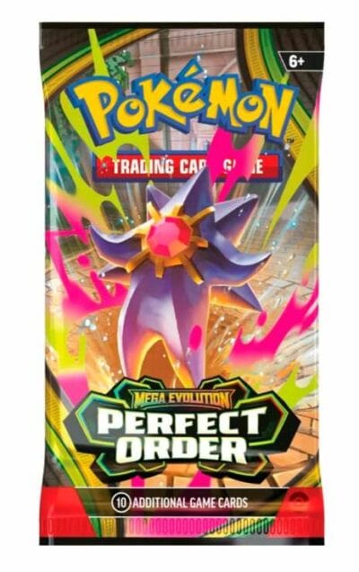 Pokémon TCG Perfect Order (ME03) boosteripakkaus sisältää 10 satunnaista korttia ja TCG Live ‑koodin. Englanninkielinen Pokémon‑korttipeli