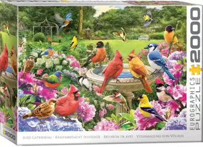 Eurographics Bird Gathering palapeli 2000 palaa kutsuu keskelle vehreää puutarhaa iso palapeli