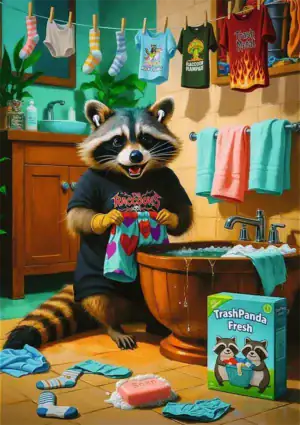 Raccoon Laundry Day palapeli on humoristinen ja yksityiskohtainen eläinpalapeli, jossa pesukarhu viettää pyykkipäivää. eläin palapeli
