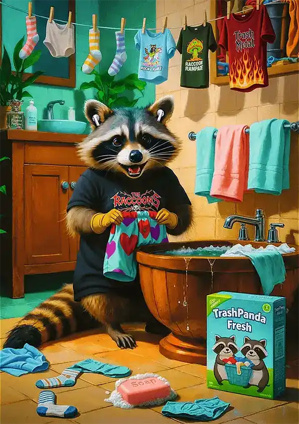 Raccoon Laundry Day palapeli on humoristinen ja yksityiskohtainen eläinpalapeli, jossa pesukarhu viettää pyykkipäivää. eläin palapeli