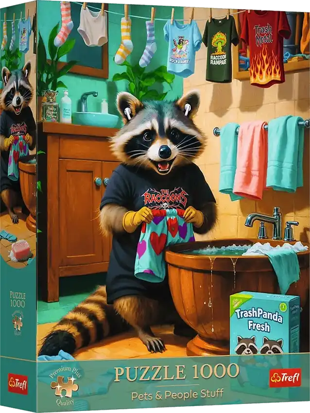 Raccoon Laundry Day palapeli on humoristinen ja yksityiskohtainen eläinpalapeli, jossa pesukarhu viettää pyykkipäivää.