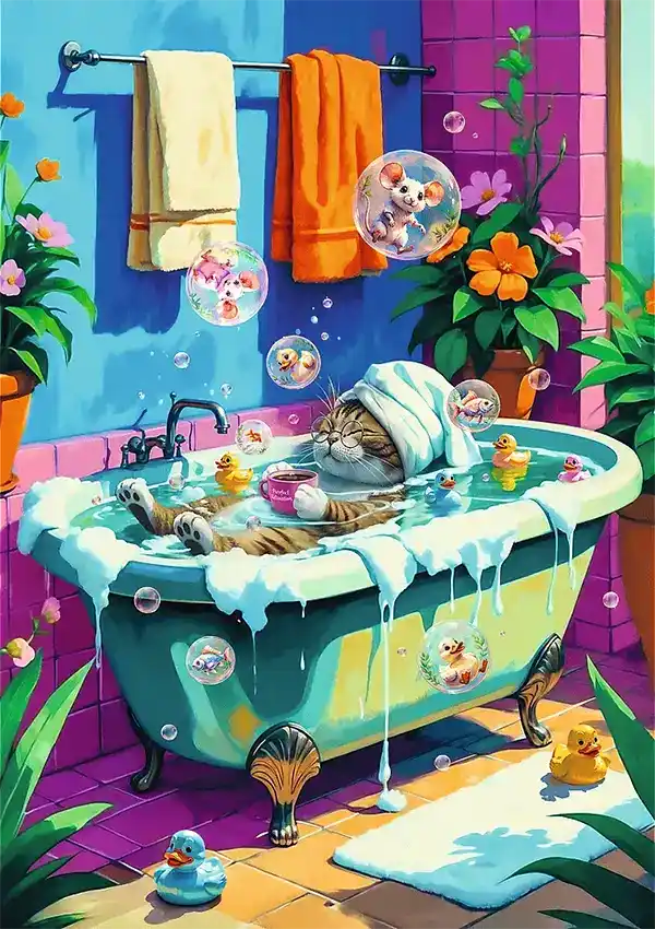 Meow, Relax, Repeat palapeli on humoristinen ja lämminhenkinen kuvituspalapeli, jossa kissa nauttii rentouttavasta hetkestä kylpyammeessa.