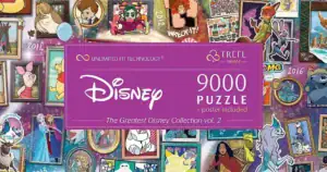 The Greatest Disney Collection vol. 2 on Treflin 9000 palan palapeli, joka kokoaa yhteen ikonisia Disney‑hahmoja ja kohtauksia näyttäväksi kokonaisuudeksi iso palapeli (6x1500 palan pusseissa)
