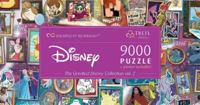 The Greatest Disney Collection vol. 2 on Treflin 9000 palan palapeli, joka kokoaa yhteen ikonisia Disney‑hahmoja ja kohtauksia näyttäväksi kokonaisuudeksi iso palapeli (6x1500 palan pusseissa)