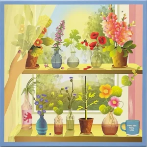 Plants & Me on Vissevassen 500 palan palapeli, joka kuvaa kasvien täyttämää ikkunalautaa.