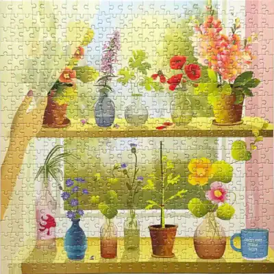 Plants & Me on Vissevassen 500 palan palapeli, joka kuvaa kasvien täyttämää ikkunalautaa.