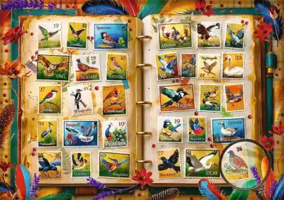 Stamp Collection on 1000 palan palapeli, jossa värikkäät linnustoa esittelevät kuvat on sommiteltu postimerkkien muotoon.