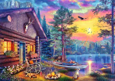 Evening Sunset Cabin on Treflin Premium Plus Quality -sarjan 500 palan palapeli, joka kuvaa rauhallista mökkimaisemaa auringonlaskun aikaan