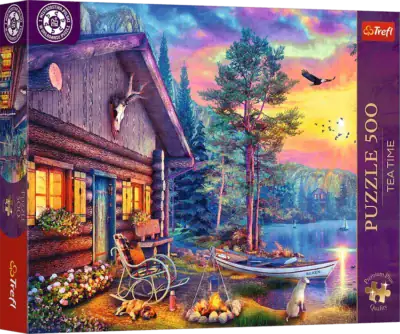 Evening Sunset Cabin on Treflin Premium Plus Quality -sarjan 500 palan palapeli, joka kuvaa rauhallista mökkimaisemaa auringonlaskun aikaan