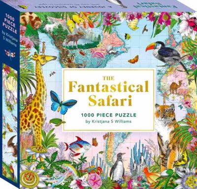 Fantastical Safari 1000 palan palapeli on upea matka maailman eläinten ja luonnon monimuotoisuuteen. kuvittaja Kristjana S. Williams