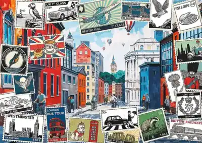 Greetings from London on 500 palan palapeli Treflin Creative‑sarjasta, joka yhdistää palapelin kokoamisen ja luovan värittämisen.