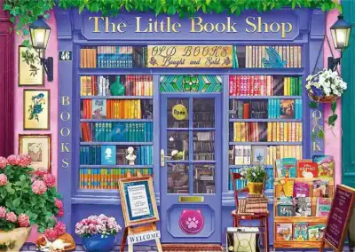 Little Book Shop palapeli on Treflin Premium Plus Quality -sarjan lämminhenkinen ja yksityiskohtainen 500 palan palapeli. Kirjakauppa-palapelin kuvitus