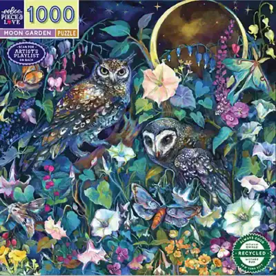 eeBoo Moon Garden palapeli 1000 palaa vie sinut tunnelmalliseen kuutamon valaisemaan puutarhaan, jossa kaksi pöllöä istuu. Pöllö palapeli