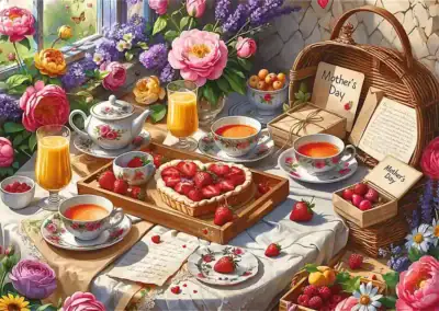 Sweets for Mother’s Day on 500 palan palapeli, joka esittää kauniisti katetun, kukilla koristellun pöydän, ruoka palapeli