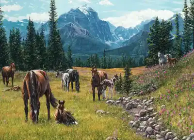 Cobble Hill Horse Meadow palapeli 1000 palaa vie vehreälle niitylle, jossa hevoset laiduntavat rauhallisessa maalaismaisemassa.