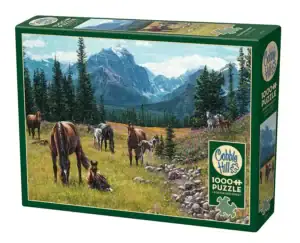 Cobble Hill Horse Meadow palapeli 1000 palaa vie vehreälle niitylle, jossa hevoset laiduntavat rauhallisessa maalaismaisemassa.