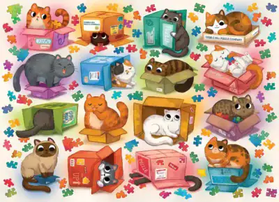 Cobble Hill Cats vs Puzzles palapeli 1000 palaa on humoristinen ja värikäs palapeli, jossa kissat ottavat vallan palapelien maailmassa