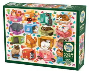 Cobble Hill Cats vs Puzzles palapeli 1000 palaa on humoristinen ja värikäs palapeli, jossa kissat ottavat vallan palapelien maailmass