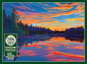 Sunset-palapeli vangitsee rauhoittavan hetken, jossa auringonlaskun lämpimät sävyt heijastuvat hiljaisen järven pintaan maisema palapeli