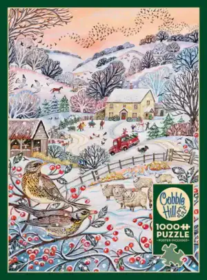 Cobble Hill Hilltop Farm -palapeli vie idylliseen talvimaisemaan. Kuvittaja Lucy Grossmith