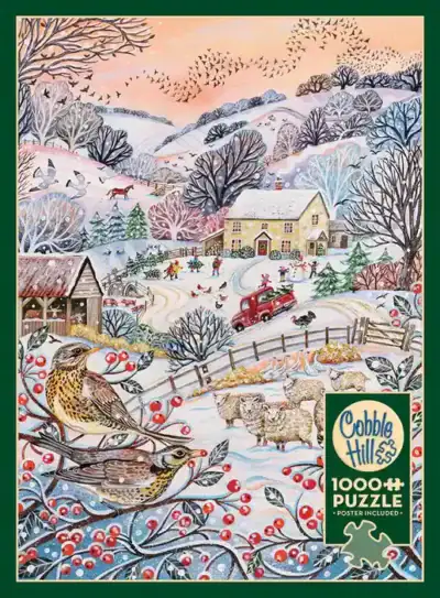 Cobble Hill Hilltop Farm -palapeli vie idylliseen talvimaisemaan. Kuvittaja Lucy Grossmith
