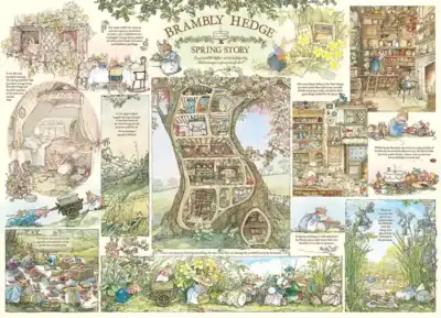Cobble Hill Brambly Hedge Spring Story palapeli 1000 palaa perustuu Jill Barklemin rakastettuun Brambly Hedge -kuvitusmaailmaan.
