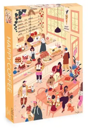 Happy Coffee palapeli 1000 palaa on belgialaisen Olleo Puzzles brändin kahvilapalapeli. Kuvitus Magalie Foutrier