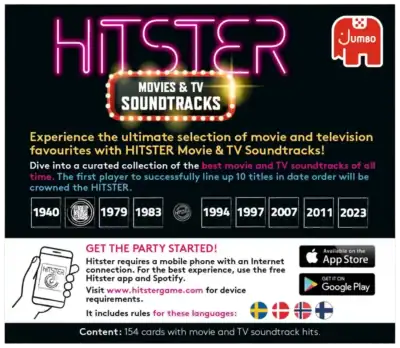 Hitster Soundtracks Nordic -lisäosa tuo peliin elokuvien ja sarjojen soundtrackit.