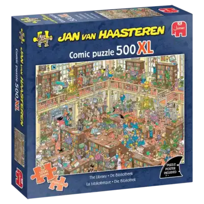 Jan van Haasteren The Library palapeli 500 XL palaa, jossa on tavallista isommat palat.