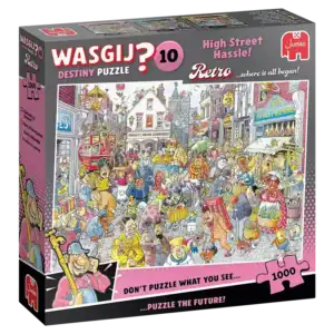 Wasgij Retro Destiny 10 High Street Hassle! -palapelissä matkaat tulevaisuuteen.