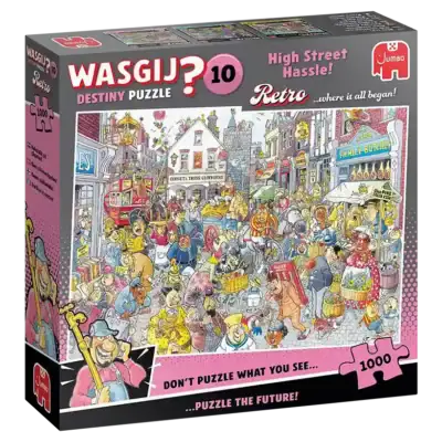 Wasgij Retro Destiny 10 High Street Hassle! -palapelissä matkaat tulevaisuuteen.
