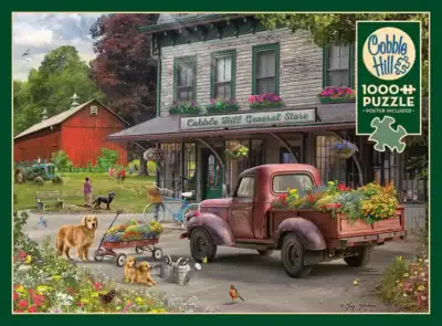 Cobble Hill Country Store palapeli 1000 palaa on nostalginen maalaistyylinen palapeli Gred Giordanolta. vanha auto palapeli