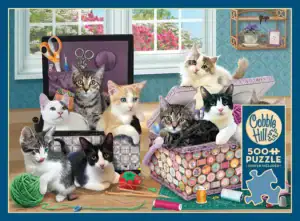 Cobble Hill Crafty Kittens palapeli 500 palaa on suloinen kissapalapeli, jonka on kuvittanut Bob Giordano.