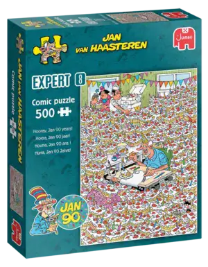 Jan van Haasteren Expert 8: Hooray, Jan 90 years! palapeli 500 palaa tarjoaa haastetta kerrakseen.