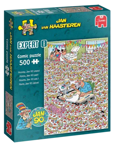 Jan van Haasteren Expert 8: Hooray, Jan 90 years! palapeli 500 palaa tarjoaa haastetta kerrakseen.