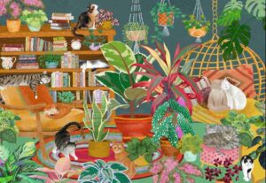 Pieces & Peace Boho Cats palapeli 1000 palaa on Sue Cookin kuvittama huonepalapeli, jossa viherkasvit, kissat ja kirjat