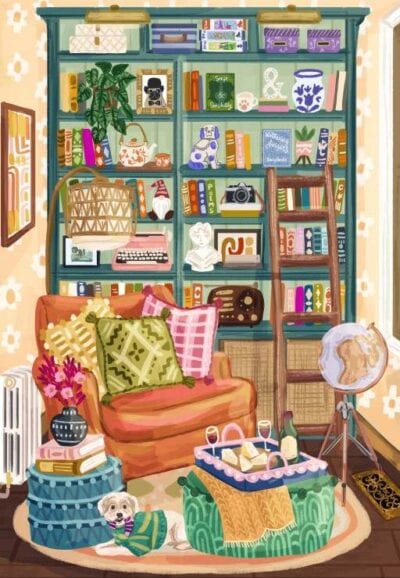 Pieces & Peace Reading Cozy Spot palapeli 1000 palaa on Olivia Gibbs'n kuvittama olohuone-palapeli. 