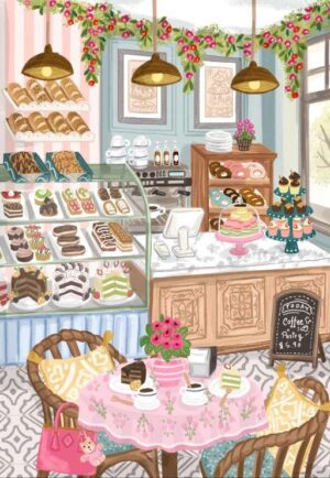 Pieces & Peace Sweet Treats palapeli 1000 palaa on Olivia Gibbs'n kuvittama kahvila-palapeli.