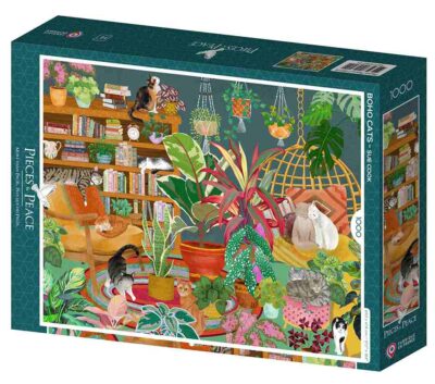 Pieces & Peace Boho Cats palapeli 1000 palaa on Sue Cookin kuvittama huonepalapeli, jossa viherkasvit, kissat ja kirjat