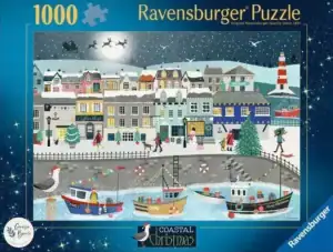 Ravensburger Coastal Christmas palapeli 1000 palaa tuo joulun tunnelman rantakylään. Kuvitus Georgia Breeze