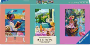 Ravensburger Have Dog, Will Travel palapelit 3 x 100 palaa vie sinut matkalle iloisen koiraystävän seurassa! 100 palan taidepalapelit