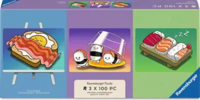 Ravensburger Kawaii Breakfast, Lunch & Dinner palapelisetti 3 x 100 palaa, jossa suloiset kawaii-herkut