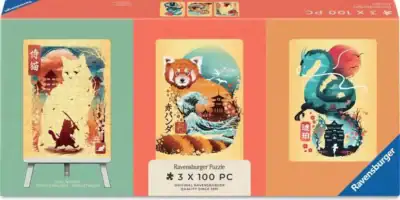 Ravensburger Ukiyo-E Cat Warrior, Red Panda & Dragon palapelisetti 3 x 100 palaa, japanilainen taide palapeli