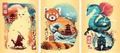 Ravensburger Ukiyo-E Cat Warrior, Red Panda & Dragon palapelisetti 3x100 palaa - Image 2