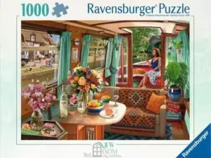 Ravensburger View From My Window Canal Boat palapeli 1000 palaa tarjoaa kauniin näkymän ikkunasta kanaalin varrelle.