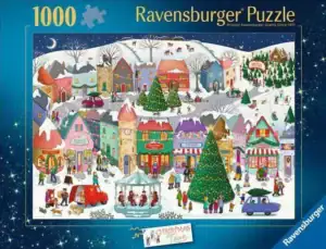 Ravensburger Christmas Town palapeli 1000 palaa vie tunnelmalliseen joulukaupunkiin. Emma Allenin kuvittama joulupalapeli