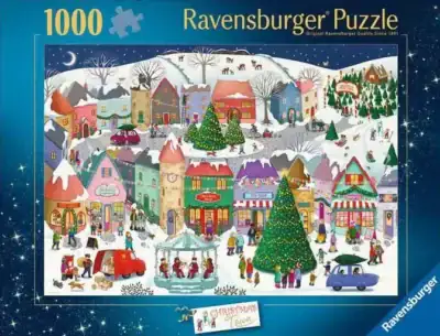 Ravensburger Christmas Town palapeli 1000 palaa vie tunnelmalliseen joulukaupunkiin. Emma Allenin kuvittama joulupalapeli